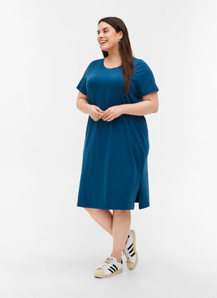 Kortermet kjole i bomull med splitter, Majolica Blue, Model image number 2