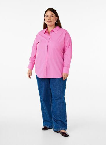 Zizzi Løs langermet skjorte med striper, Rosa, Model image number 1