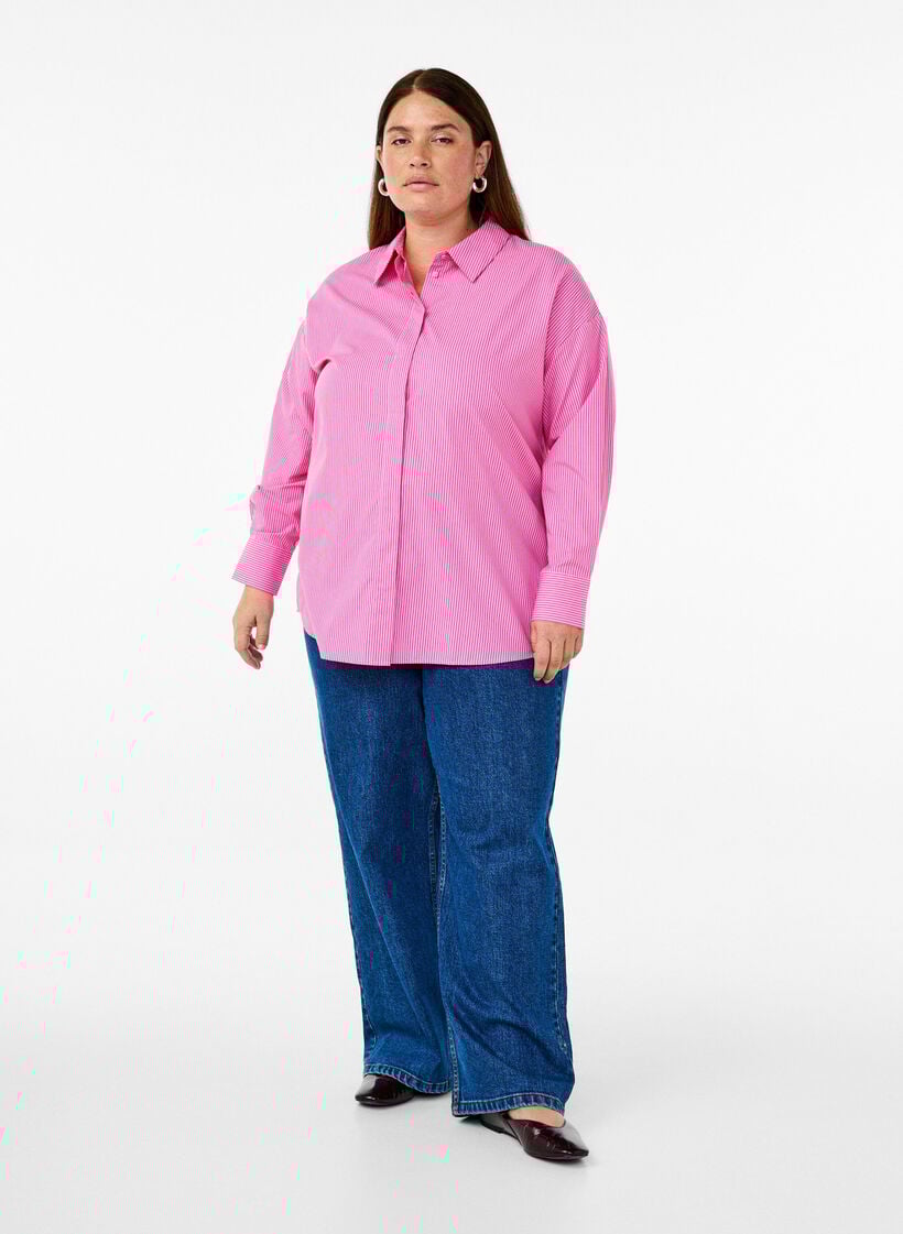 Løs langermet skjorte med striper, Rosa, Model image number 1