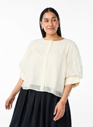 Zizzi Fest bluse med paljetter og 1/2 ermer, Vanilje, Model image number 0