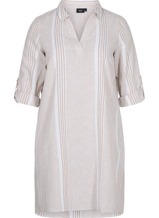 Stripet kjole i bomull og lin, White Taupe Stripe, Packshot image number 0
