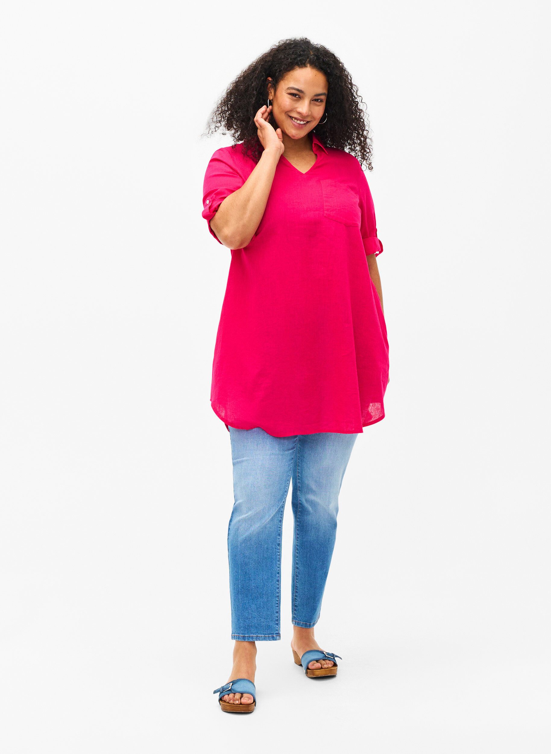 Zizzi Kortermet tunika i bomullsblanding med lin, Bright Rose, Model image number 2