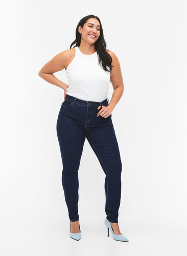 Amy jeans med høy midje og supersmal passform, Dark blue, Model image number 0