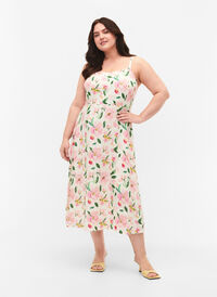 Blomstrete kjole med stropper i viskose med smock, Off White Flower, Model