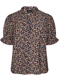 Bluse i blomstrete viskose med korte ermer og smokkdetaljer, Bl&aring;