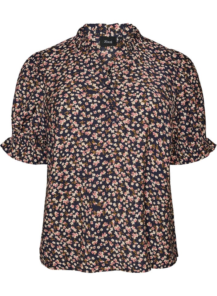 Bluse i blomstrete viskose med korte ermer og smokkdetaljer, Bl&aring;, Packshot image number 0