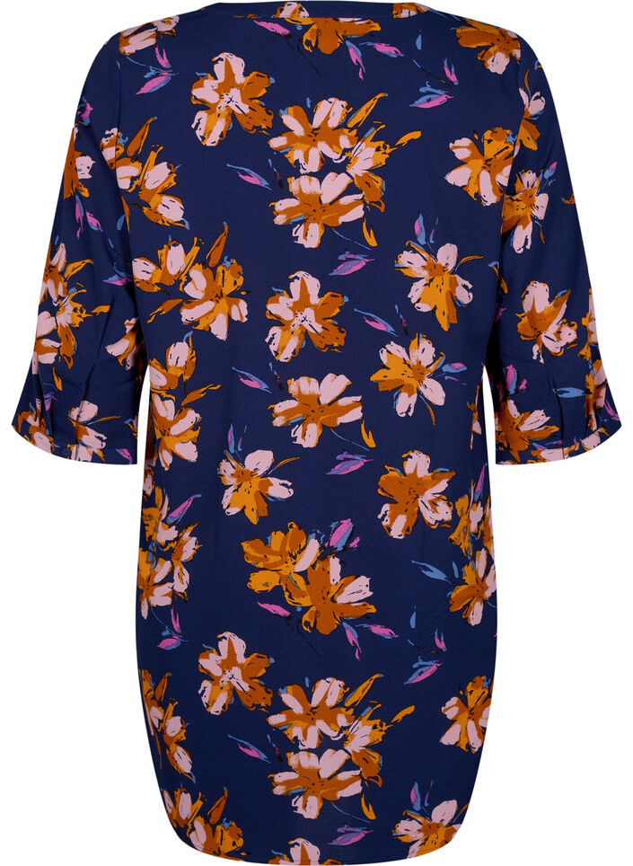 Blomstret tunika med 3/4 ermer, Peacoat Flower AOP, Packshot image number 1