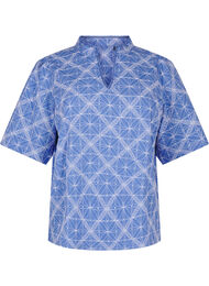 Bluse med korte ermer og brodert mønster, Blue Emb. AOP