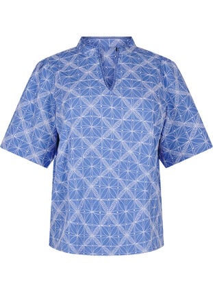 Zizzi Bluse med korte ermer og brodert mønster, Blå, Packshot image number 0