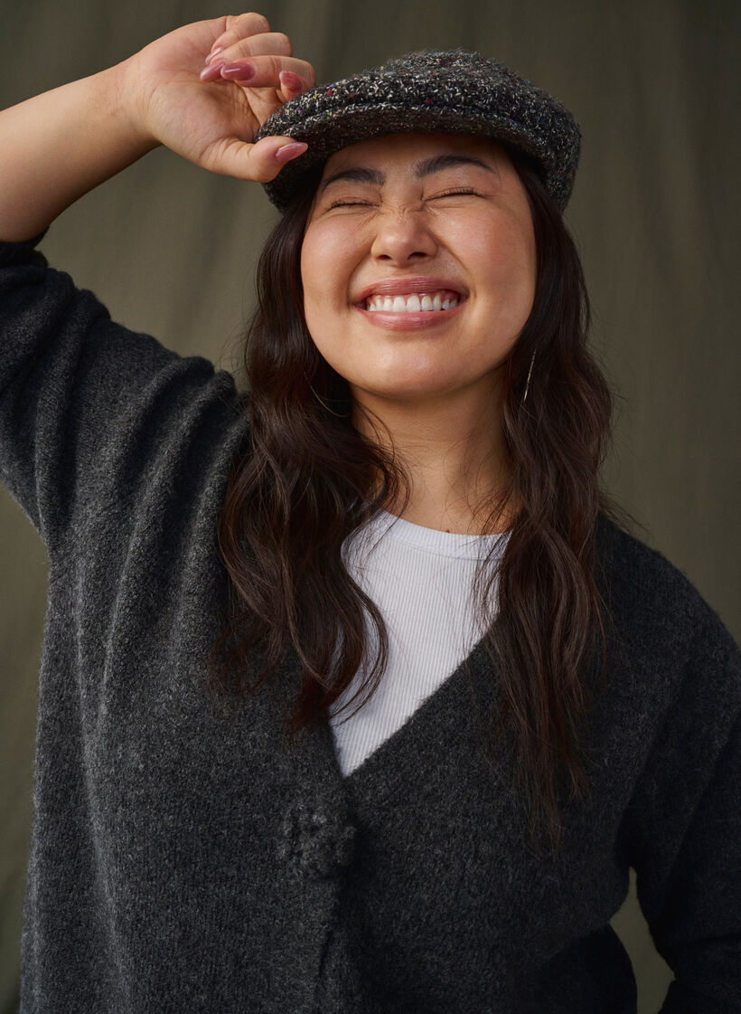 Kort strikket cardigan med blomsterknapper, Dark Grey Melange, Image image number 0