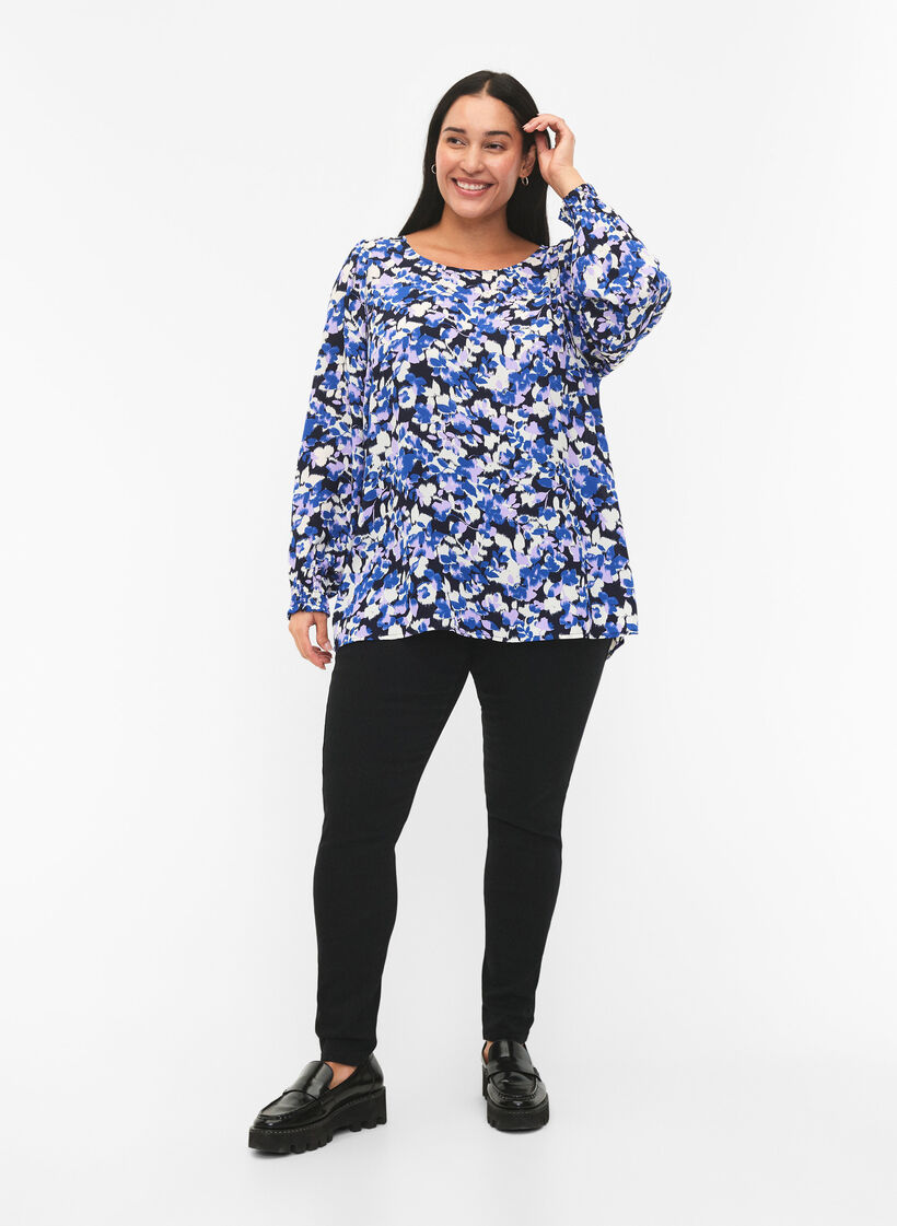FLASH - Bluse med lange ermer og trykk	, Blue Purple Flower, Model image number 2