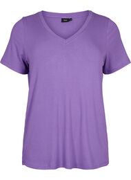 T-skjorte i viskose med ribb og V-hals, Deep Lavender