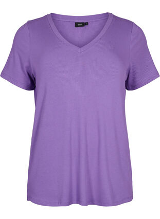 T-skjorte i viskose med ribb og V-hals, Deep Lavender, Packshot image number 0