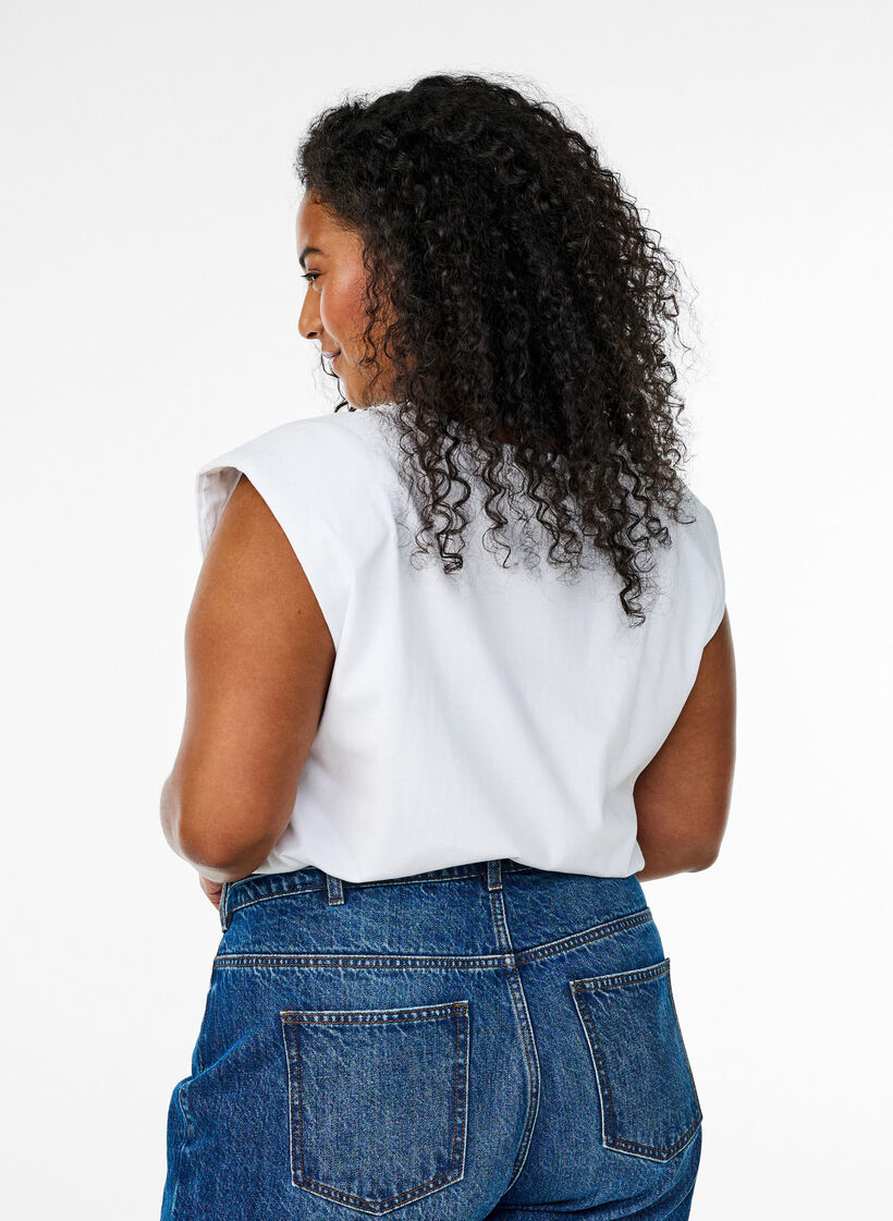 Ermeløs jerseybluse med skulderputer, Hvit, Model image number 2