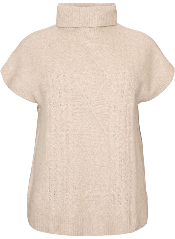 Strikket vest med rullehals og kabelstrikk, Beige, Packshot image number 0