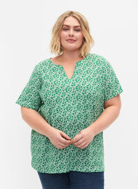Blomstrete T-skjorte i bomull med V-hals, Jolly Green AOP, Model