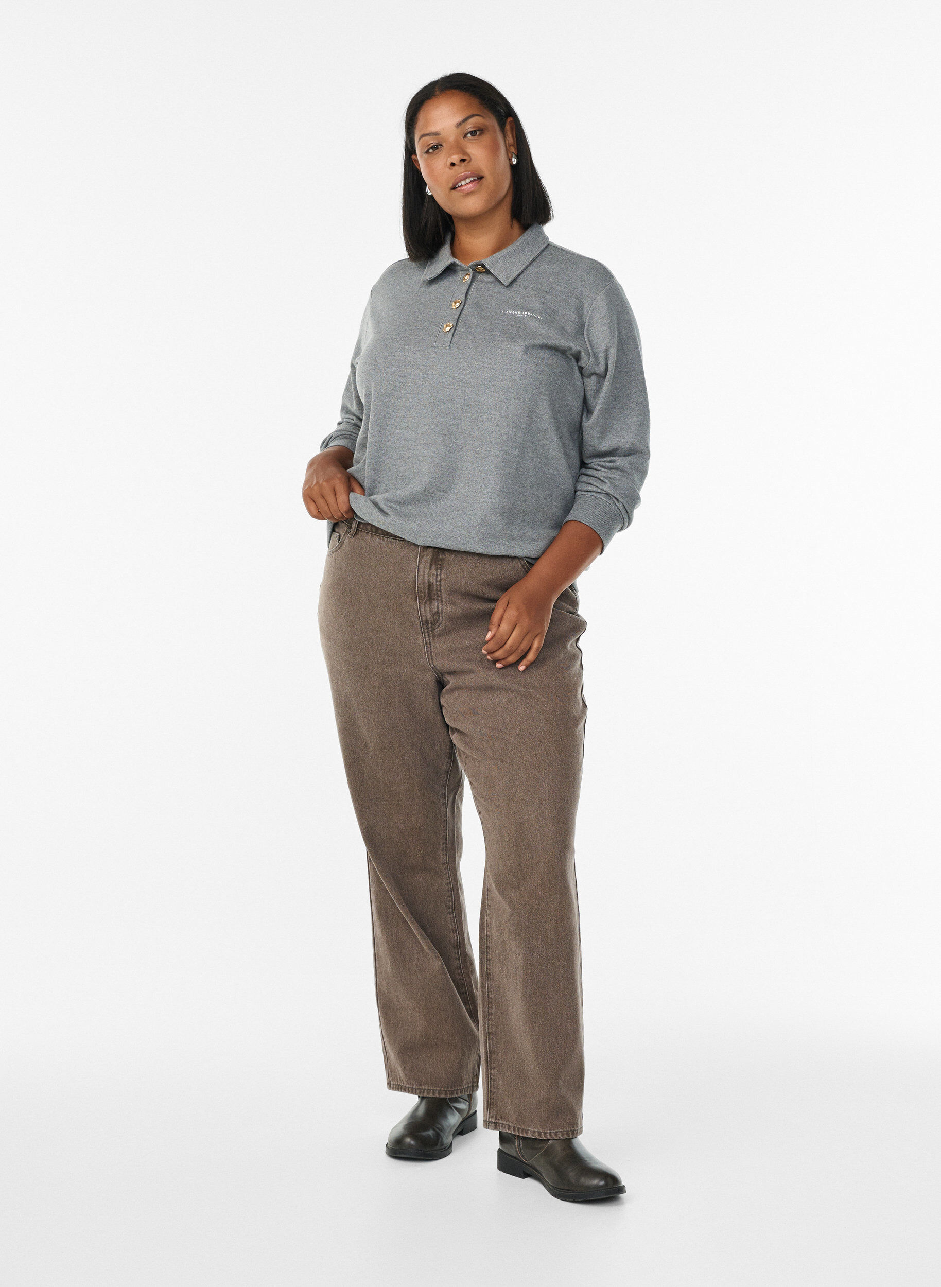 Zizzi Sweat poloskjorte med dekorative knapper, Gr&aring;, Model image number 1