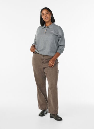 Zizzi Sweat poloskjorte med dekorative knapper, Grå, Model image number 1