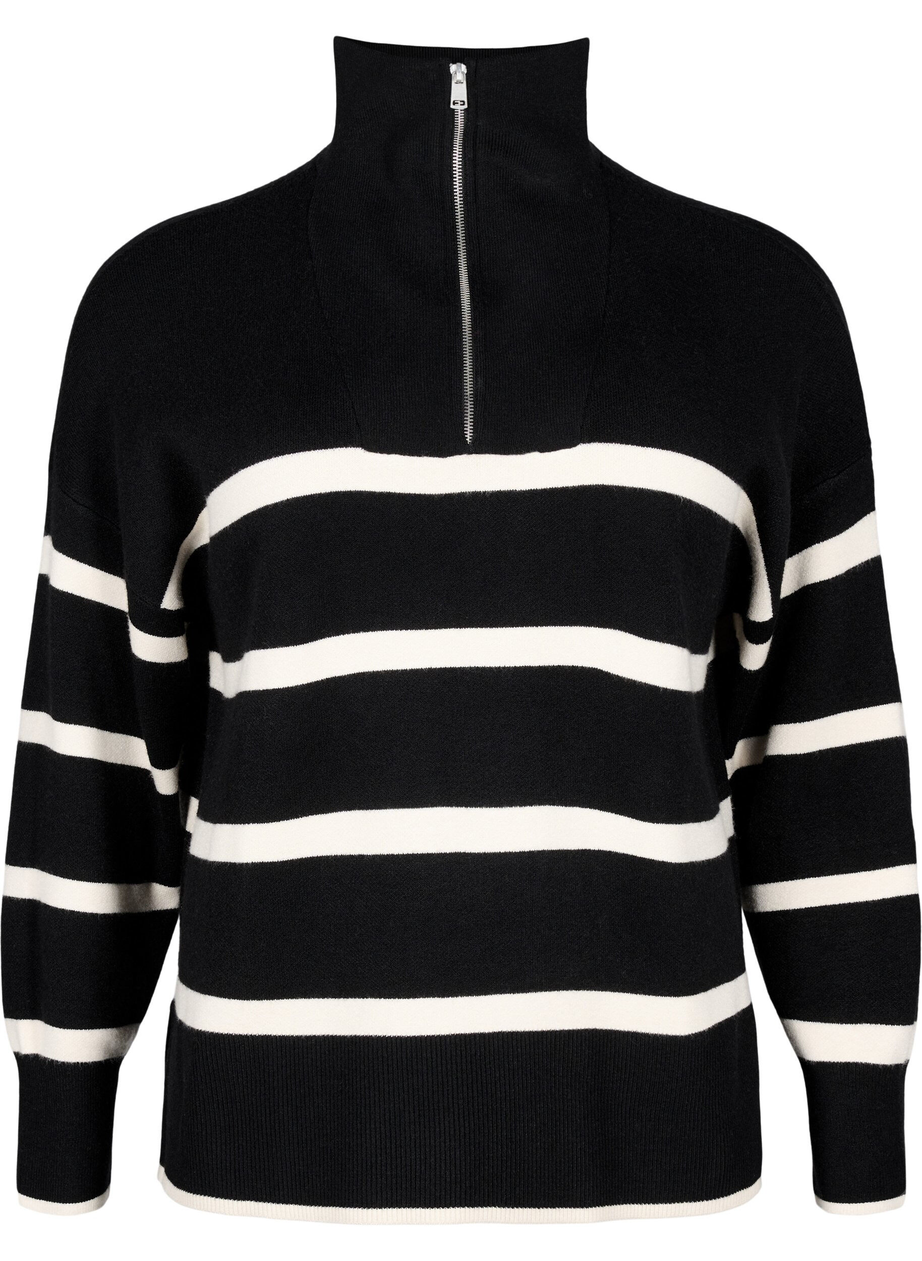 Zizzi Pullover med striper og h&oslash;y krage	, Black w. Birch, Packshot image number 0