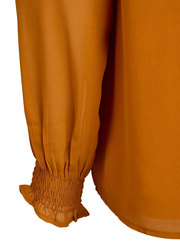 Bluse med gjennomsiktige ermer og smockdetaljer, Pumpkin Spice, Packshot