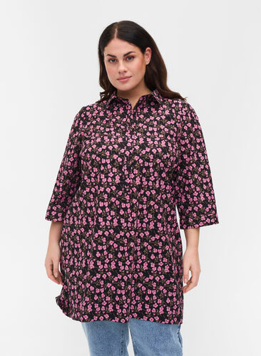Blomstrete tunika med 3/4-ermer og krage, Flower AOP, Model image number 0