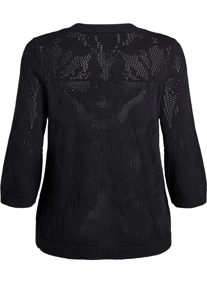 Strikket bluse med åpent mønster og 3/4-ermer, Black, Packshot image number 1