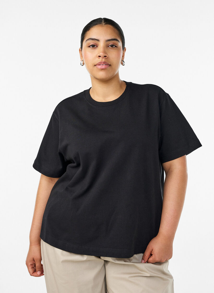 Boxy bomulls T-skjorte, Svart, Model image number 0