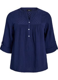 Bluse i bomullsmuslin med broderi anglaise, Blå Bluse i bomullsmuslin med broderi anglaise