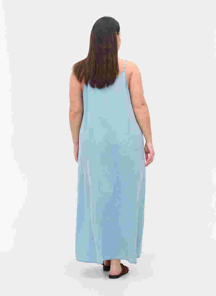 Lang denimkjole med tynne stropper, Light blue denim, Model image number 1