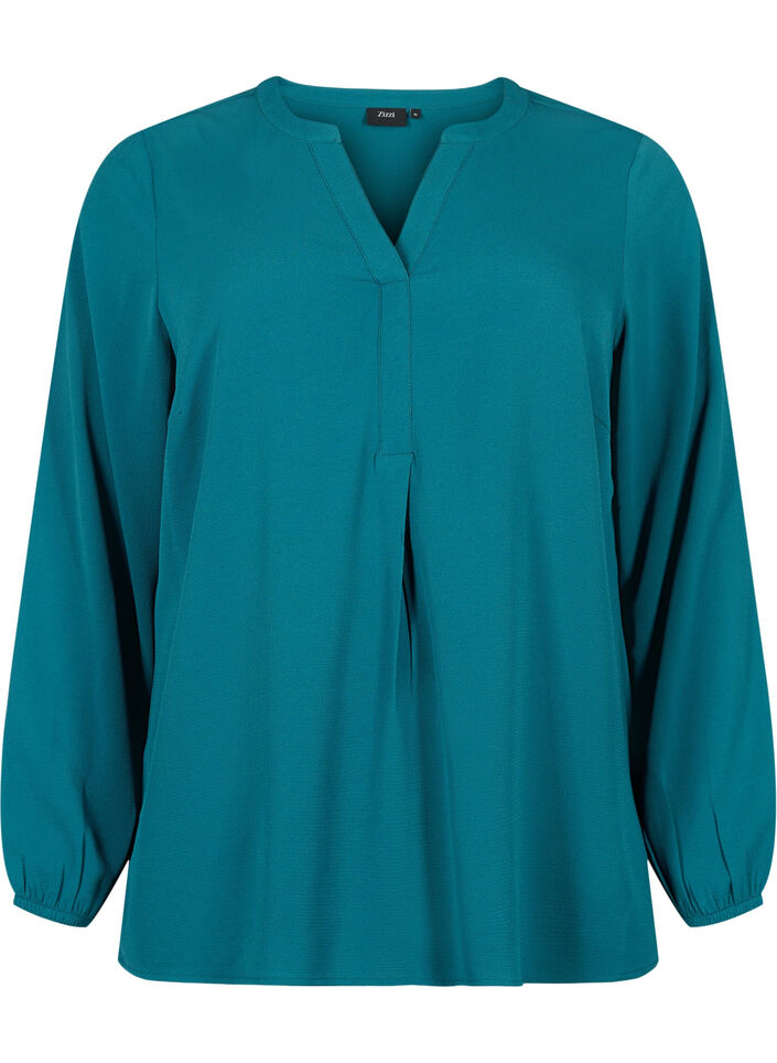 Ensfarget bluse med V-hals, Deep Teal, Packshot image number 0