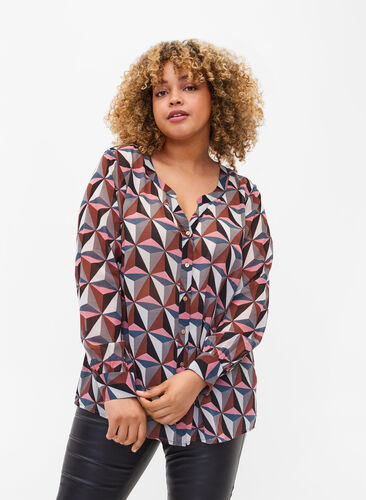 Skjorte med V-hals og mønster, Graphic Pink, Model image number 0