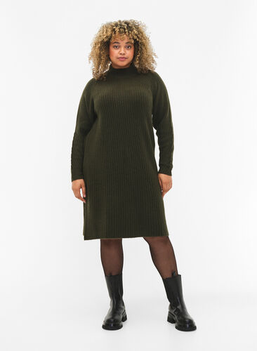 Ribbestrikket kjole med høy hals, Forest Night Mel., Model image number 2
