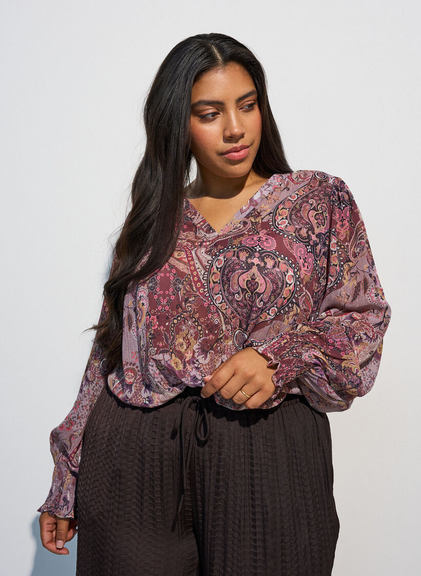 Tunikakjole med paisleytrykk og smockede mansjetter, Rosa, Model image number 0