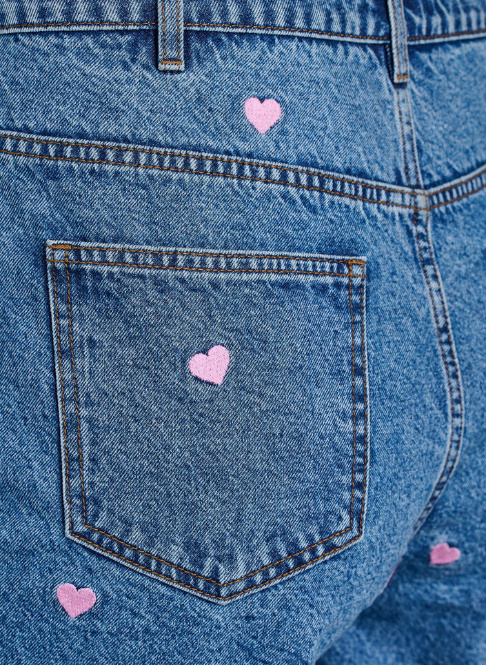 Dongerishorts med høy midje, med broderte hjerter, Light B. Pink Heart, Packshot