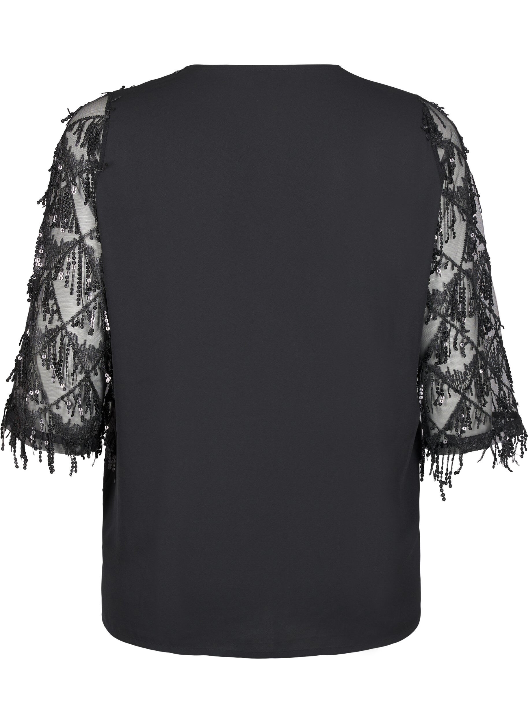 Zizzi Festbluse med paljettfrynser og 3/4-ermer., Black, Packshot image number 1