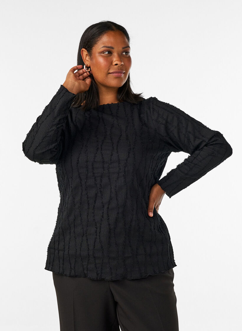 Jerseybluse med en b&oslash;lget tekstur, Svart, Model image number 0
