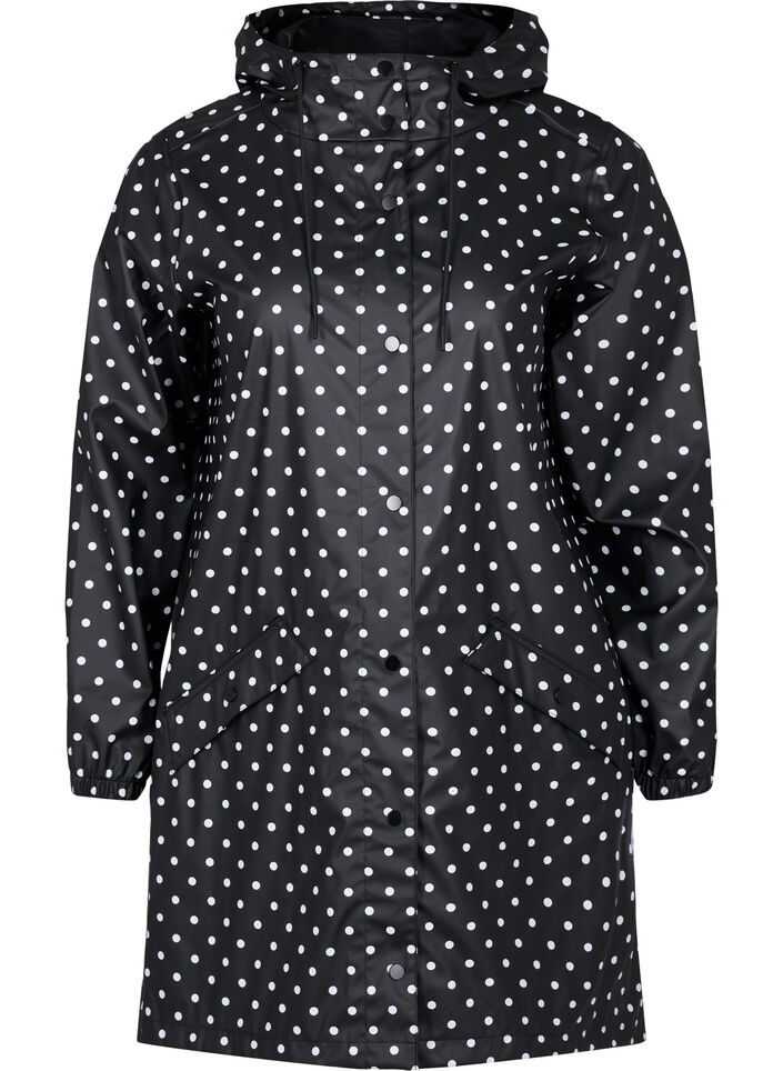 Prikkete regnjakke med hette, Black W/White Dot, Packshot image number 0