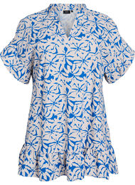 Tunika med V-hals og rysjedetaljer, Blue Off White AOP