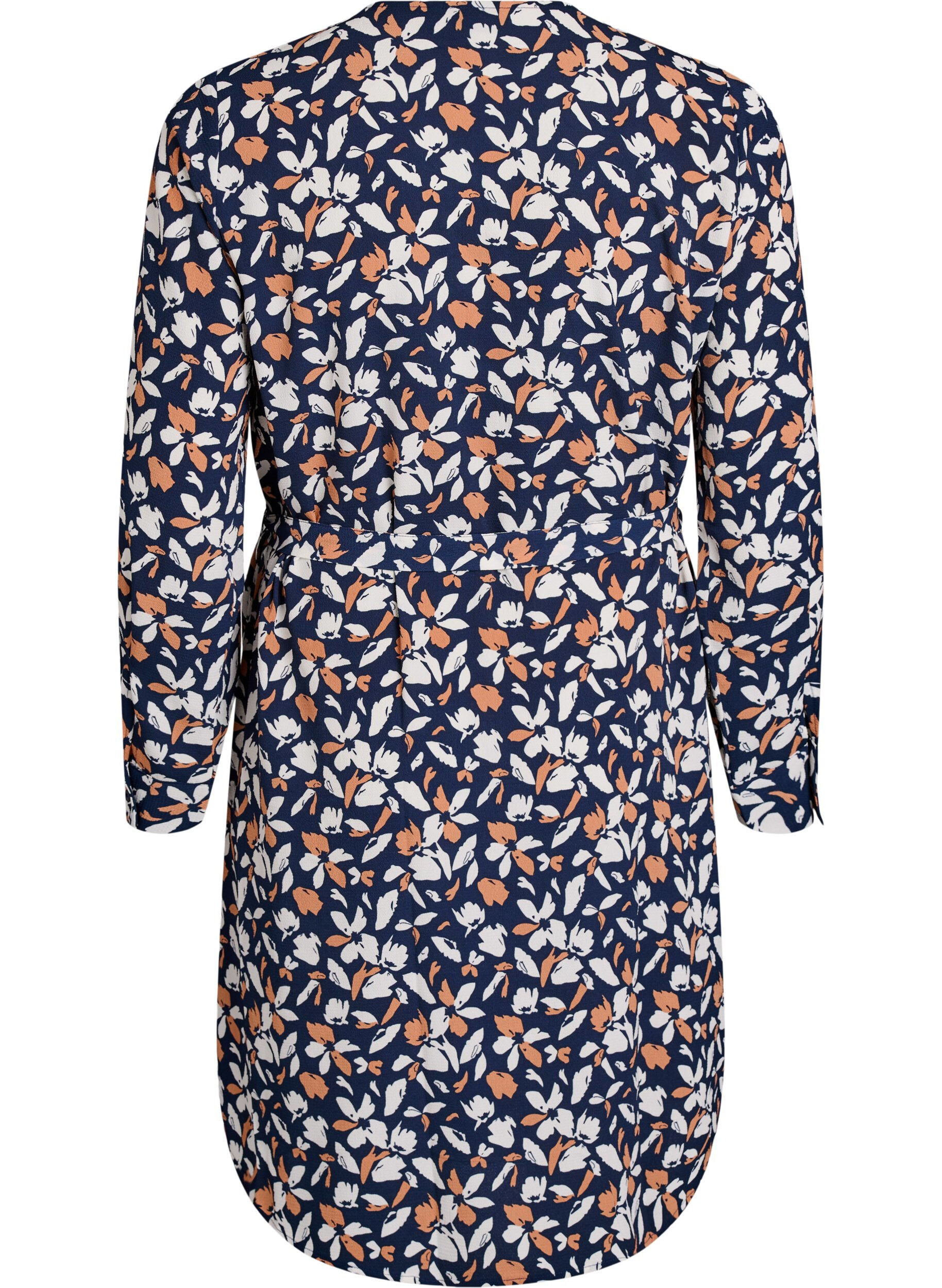 Zizzi Langermet skjortekjole med knytebelte, Bl&aring;, Packshot image number 1