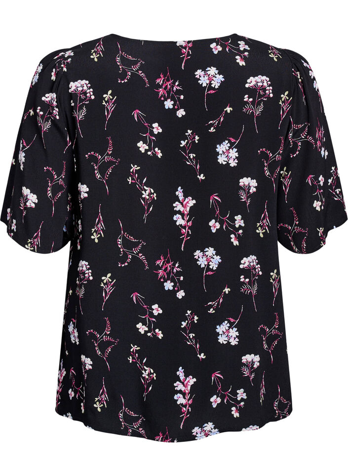 Blomstret bluse med korte ermer, Svart, Packshot image number 1