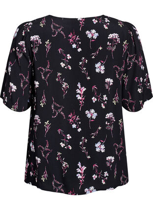 Zizzi Blomstret bluse med korte ermer, Svart, Packshot image number 1