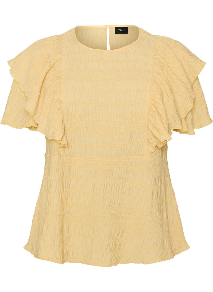 Bluse med smockstruktur og volangermer, Gul, Packshot image number 0