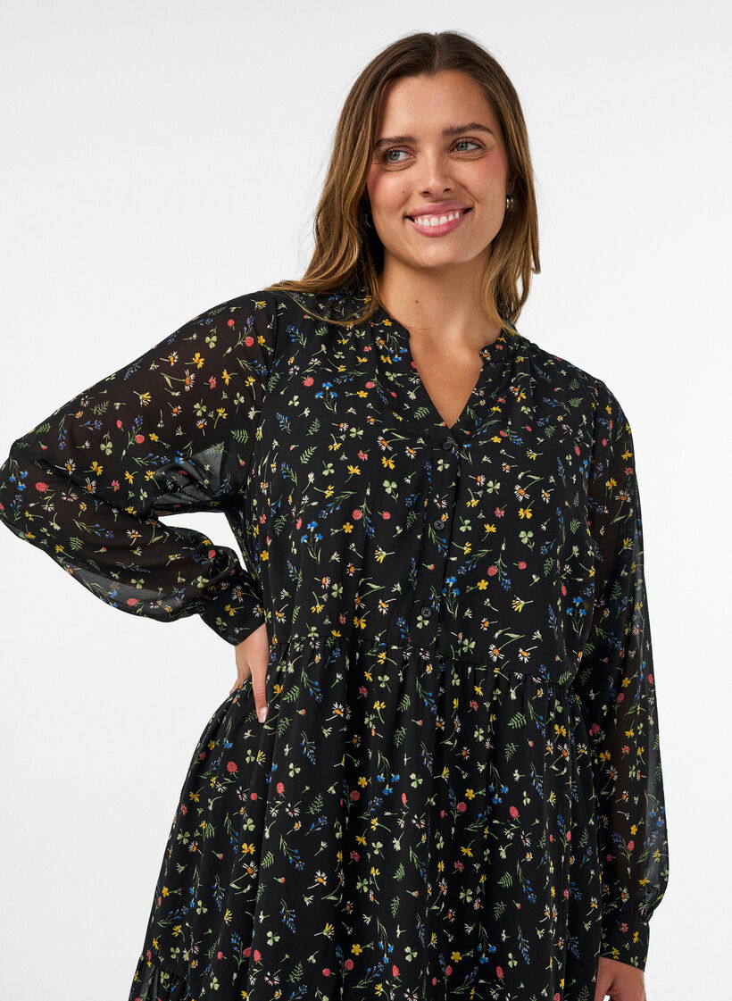 Kjole med heldekkende trykk og volanglag, Svart, Model image number 2