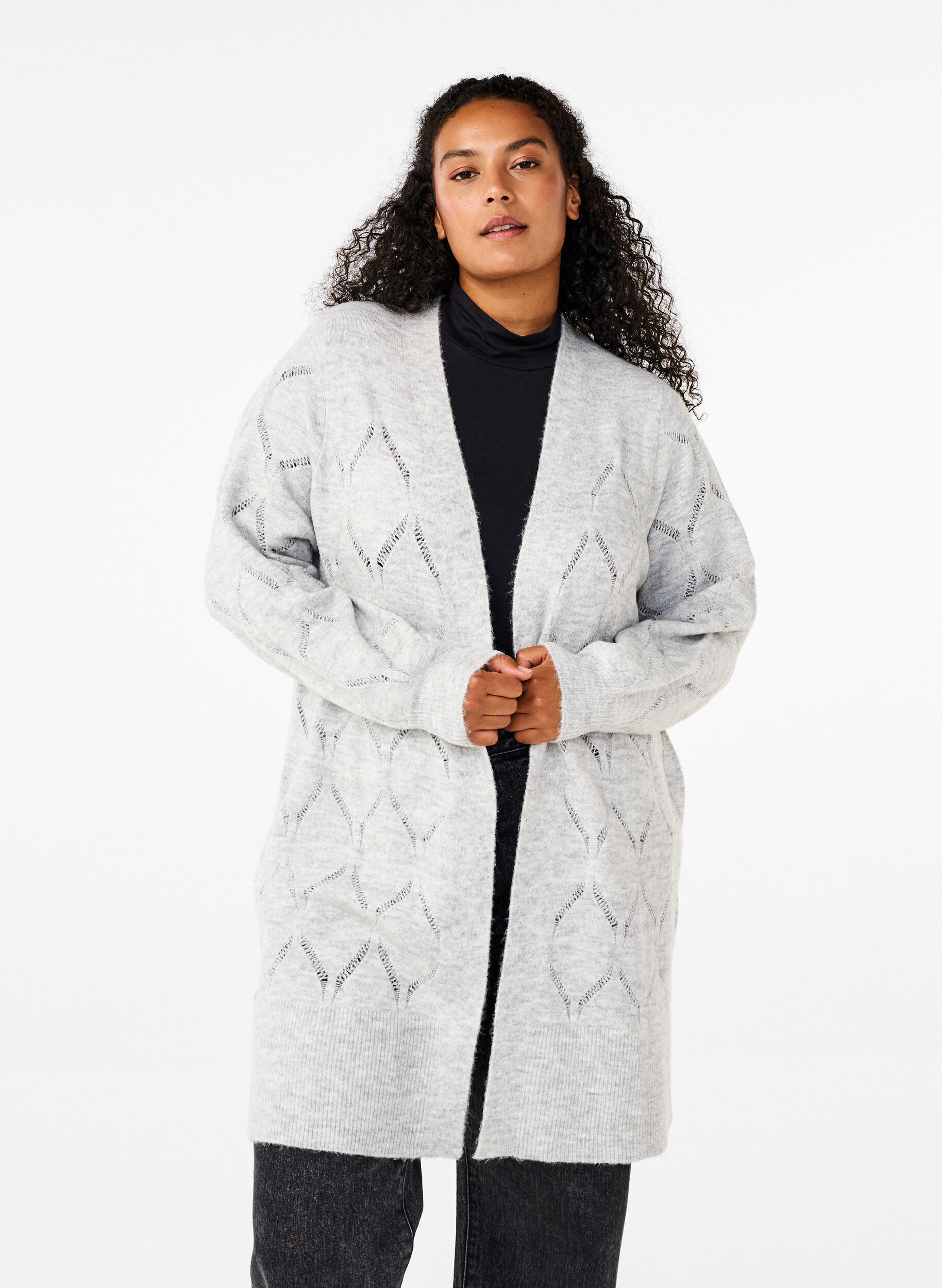 Zizzi Strikket cardigan med lange ermer, Light Grey Melange, Model image number 0