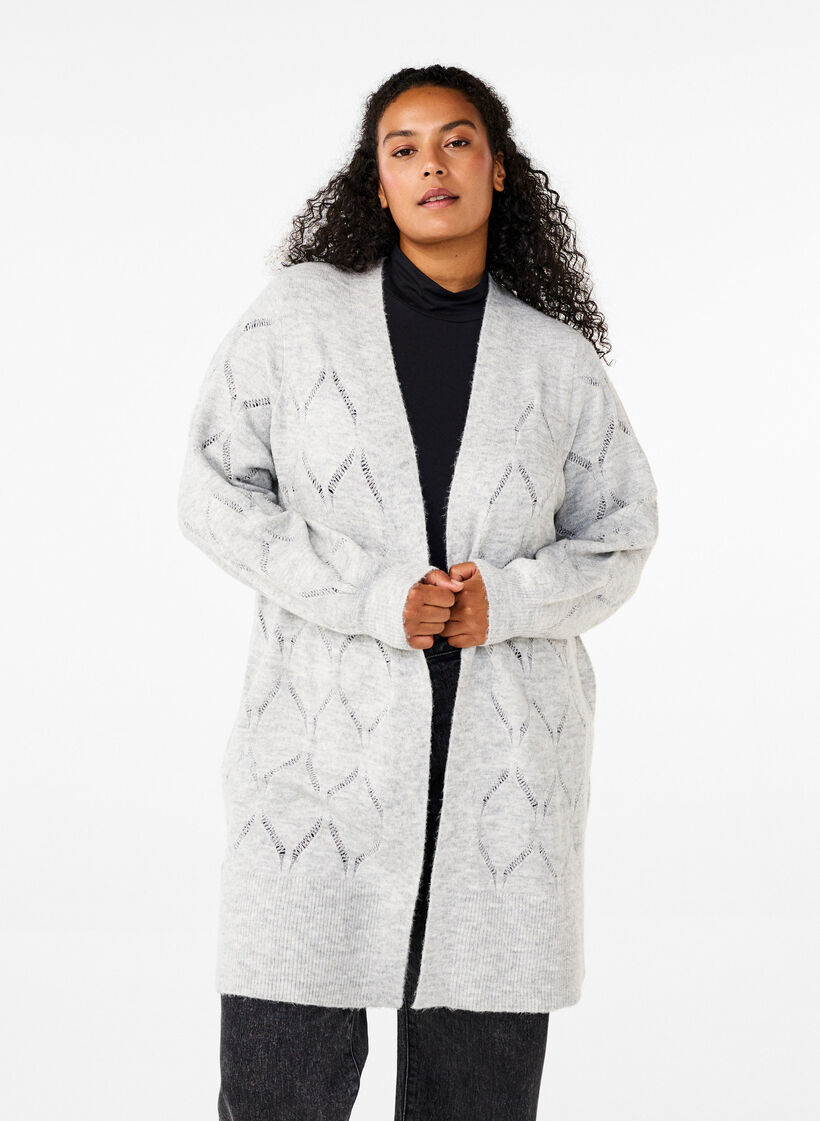 Strikket cardigan med lange ermer, Light Grey Melange, Model image number 0