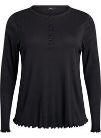 Jerseybluse med knapper og bølgede kanter, Svart Jerseybluse med knapper og bølgede kanter