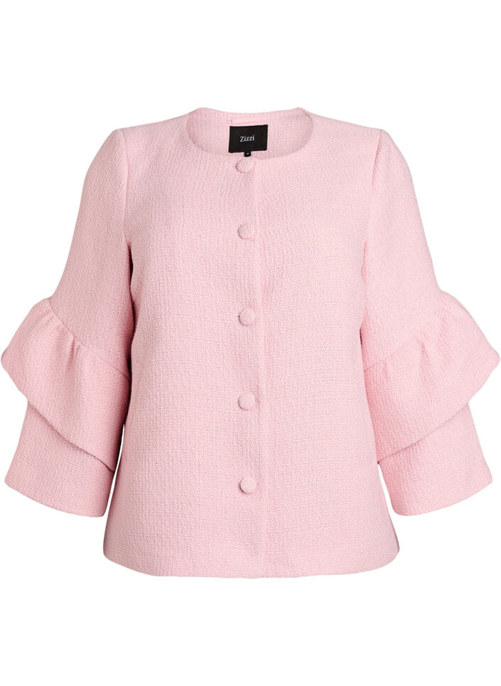 Boucl&eacute;-jakke med rysjedetaljer, Rosa, Packshot image number 0