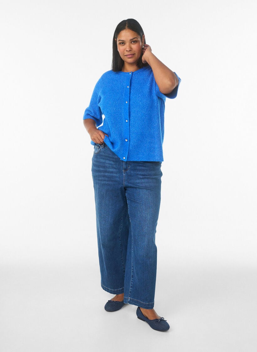 Kortermet strikket cardigan med skinnende kuleknapper, Bl&aring;, Model image number 1