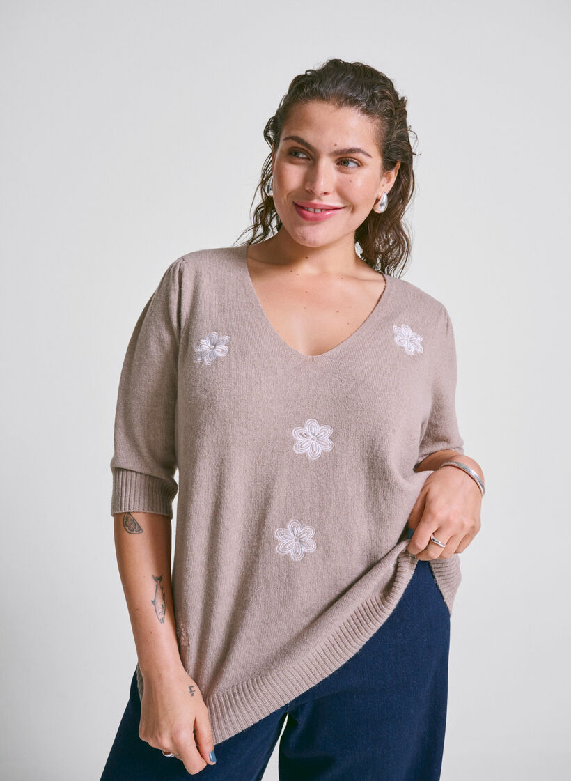 Strikket bluse med broderte blomster, Simply Taupe Mel., Image image number 0