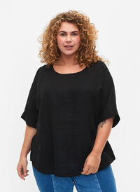 Kortermet bluse av 100% Lin, Black, Model